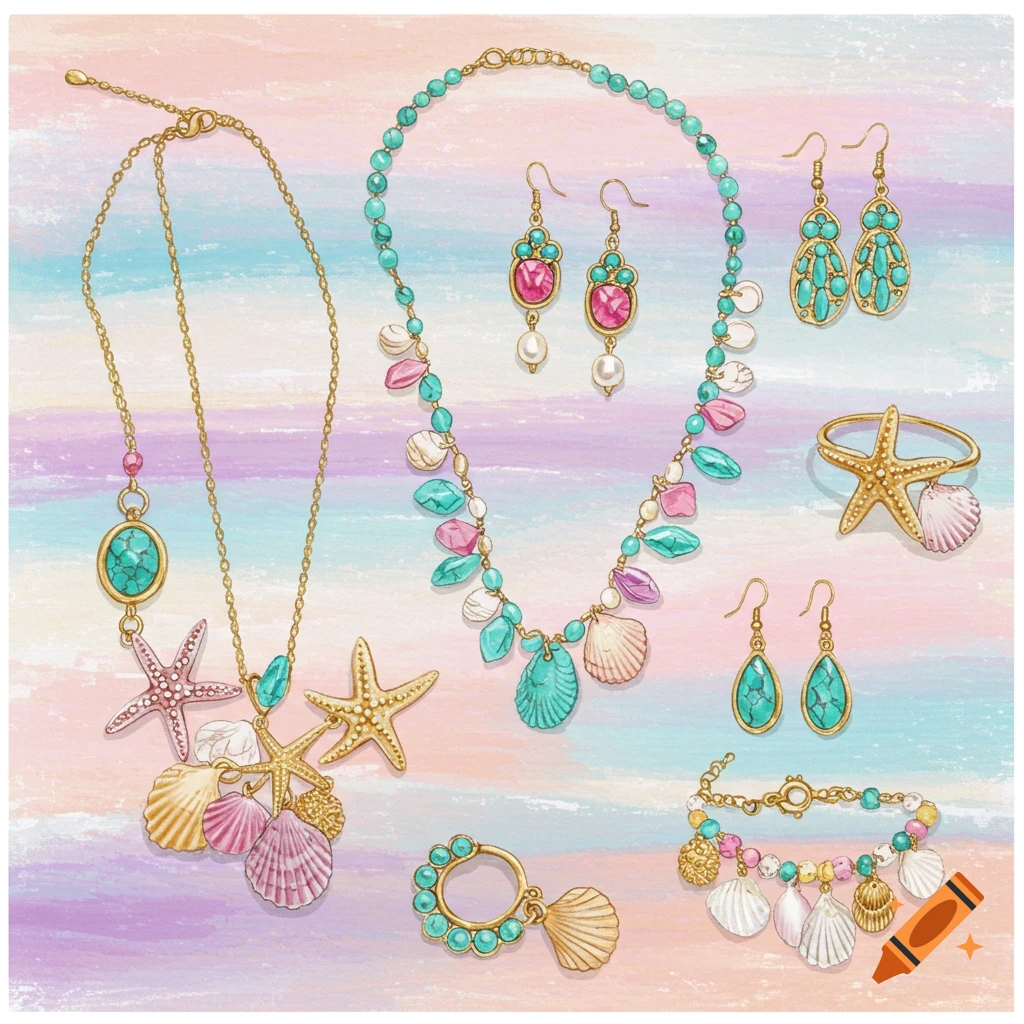 Illustration of beachy jewelry including necklaces, earrings, a bracelet, and a ring with seashells and starfish on a pastel background.