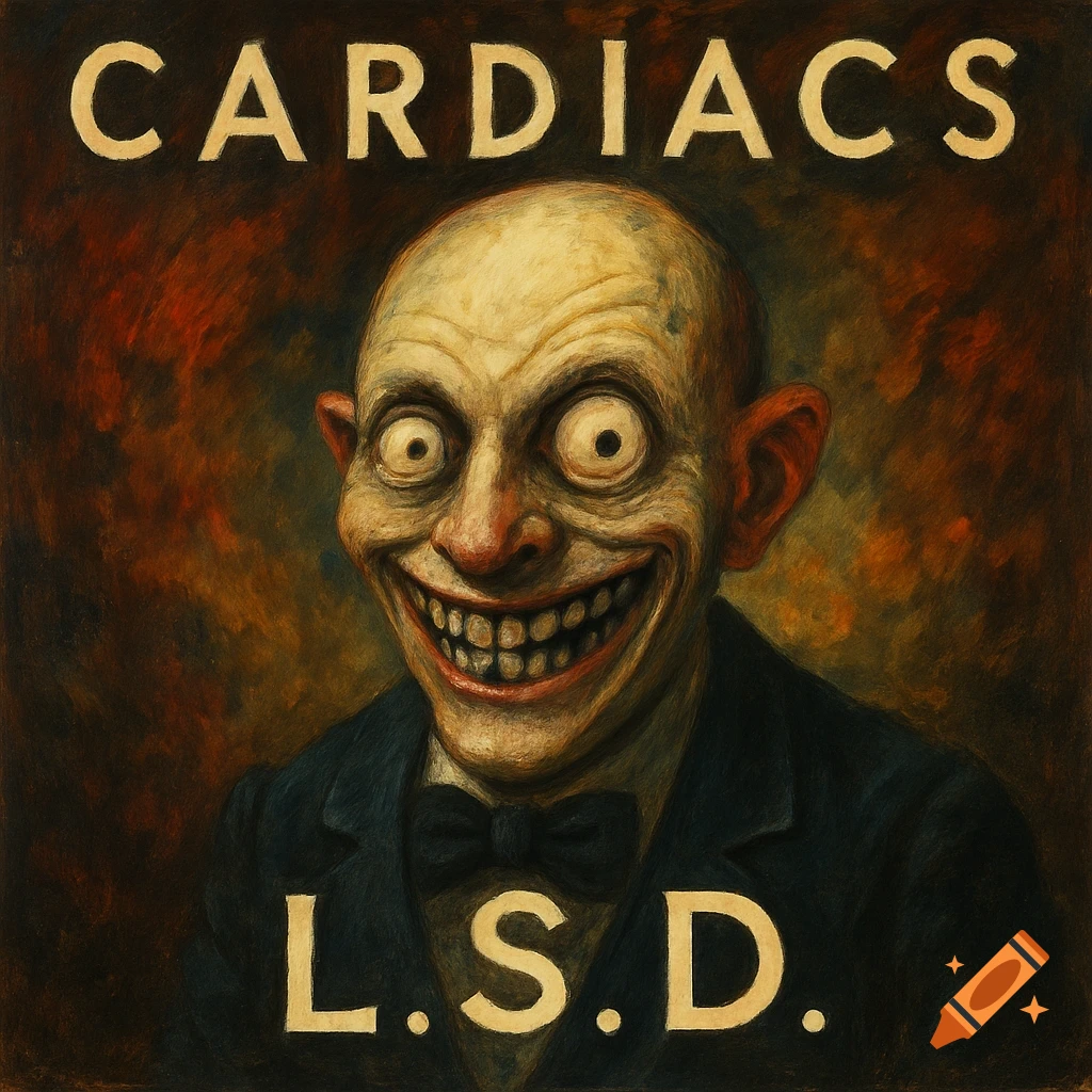 Grotesque painted portrait of a bald man with wide eyes and a wide, toothy grin, with text CARDIACS above and L.S.D. below, in an album cover style.