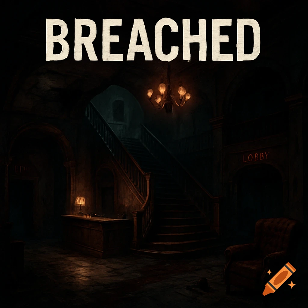 A dark and spooky lobby with a grand staircase and chandelier. Text at the top reads "BREACHED".