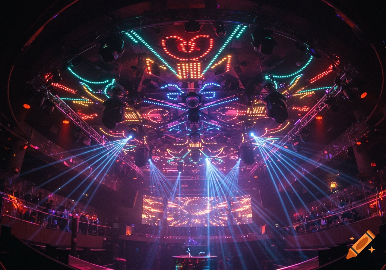 Colorful lights and laser beams illuminate the ceiling of a nightclub.