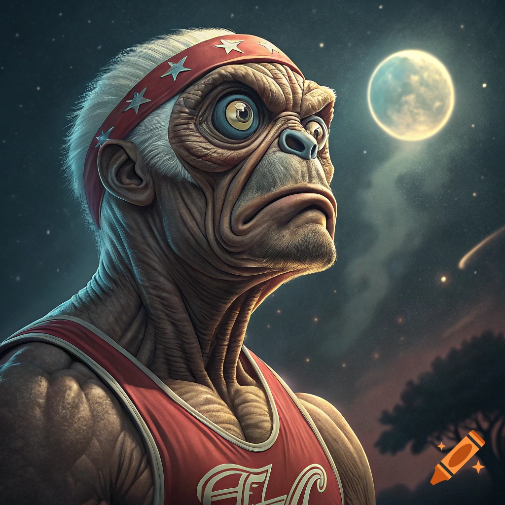 Portrait of a creature resembling ET and Hulk Hogan, wearing a wrestling outfit, looking at the moon.
