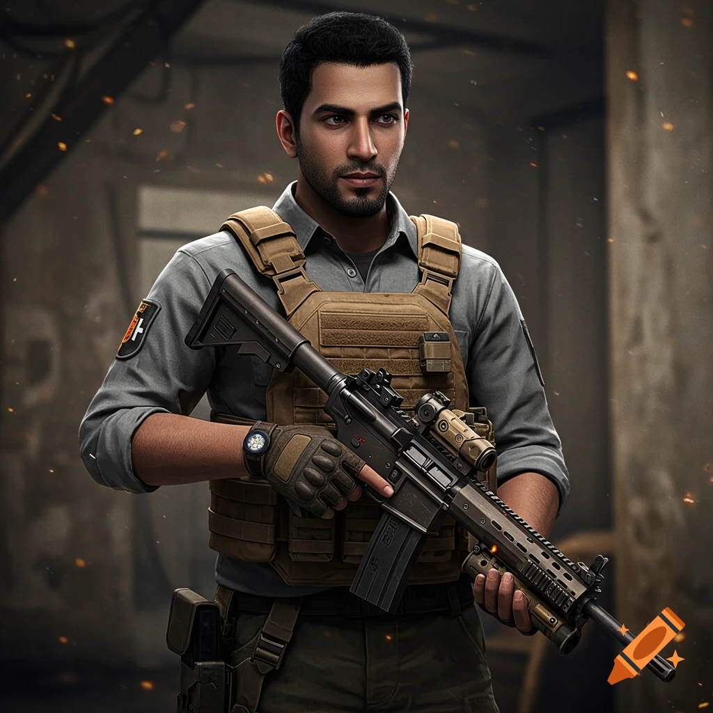 Realistic portrait of a man in tactical gear holding a rifle.