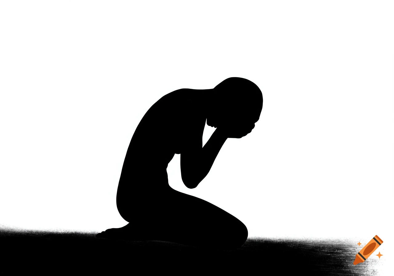 Black silhouette of a person kneeling on the ground holding their head in despair against a white background.