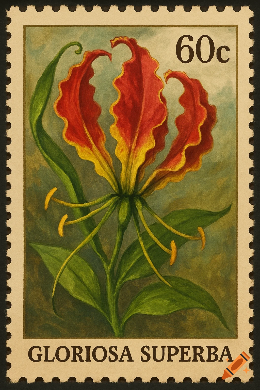 An illustration of a red and yellow Gloriosa superba flower on a vintage stamp.