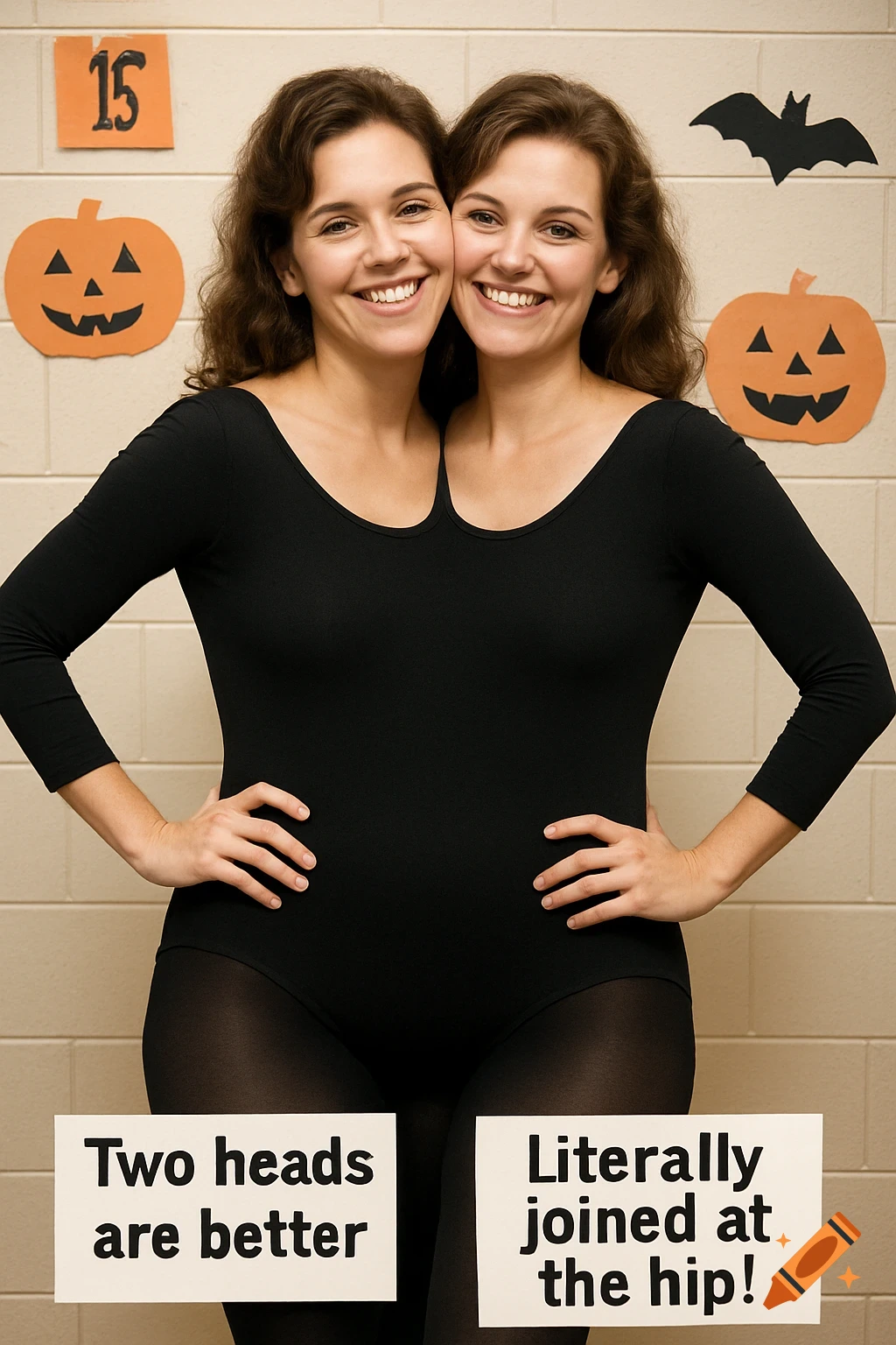 Two conjoined women in a black leotard stand in front of a Halloween decorated wall.
