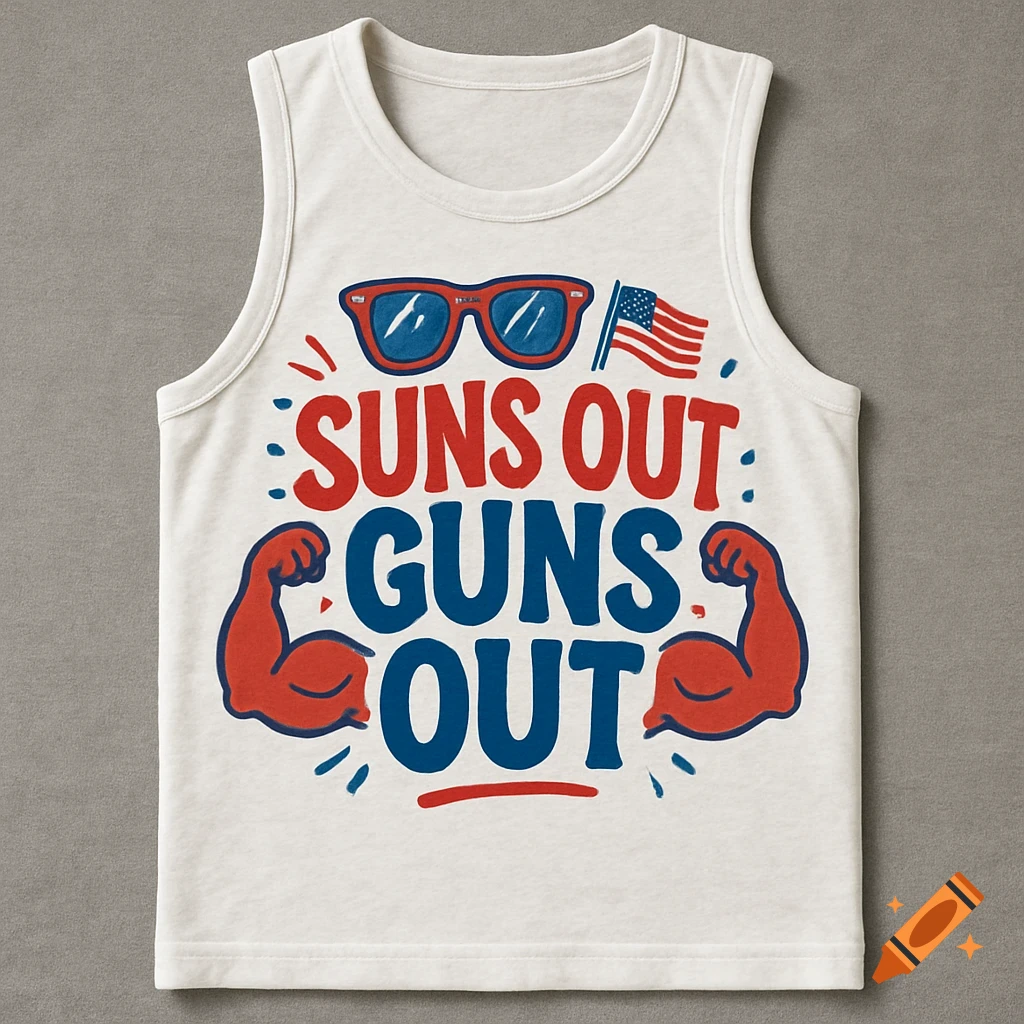 White tank top mockup with 'Suns Out Guns Out', sunglasses, flexing arms, and American flag graphic.