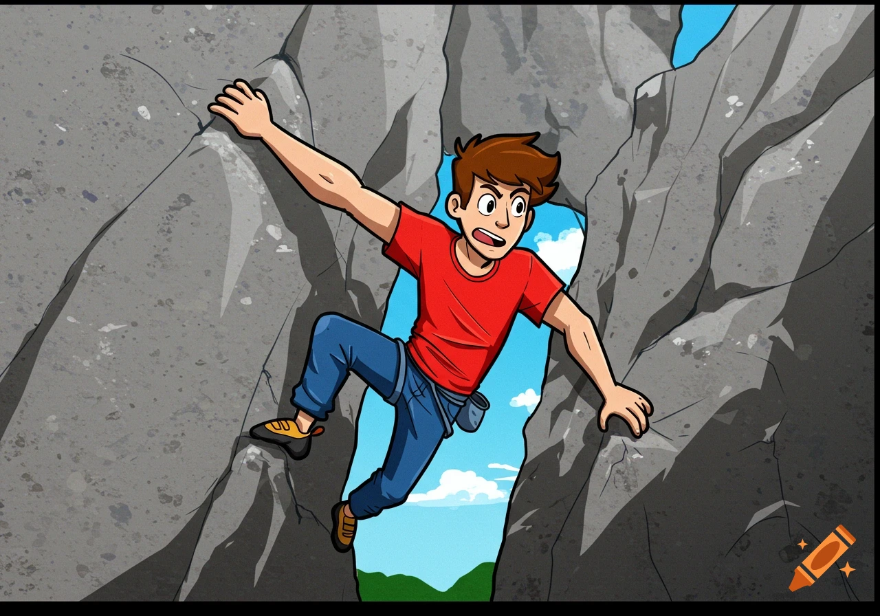 A young man climbs a rock face in a comic illustration style.
