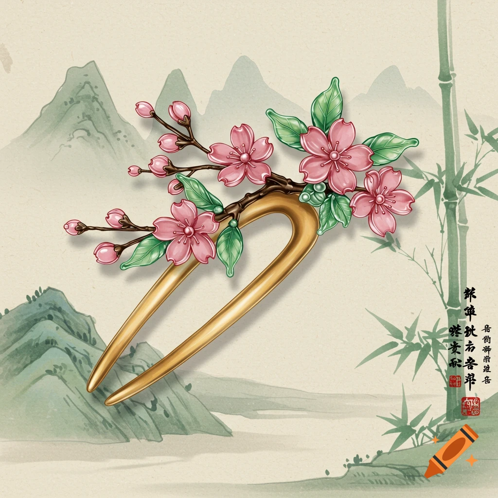 Illustration of a cherry blossom hairpin in a Chinese landscape style.