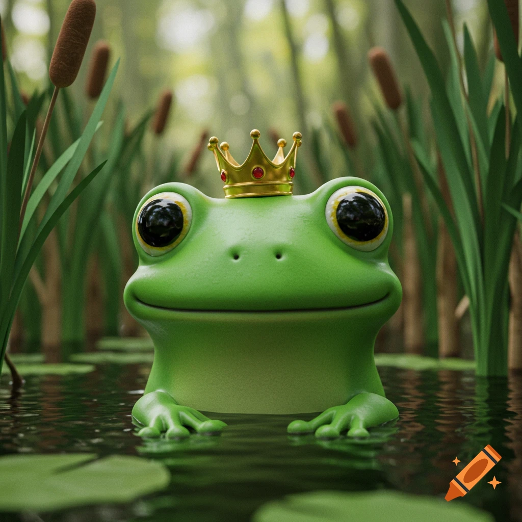 A green frog wearing a golden crown sits in a swamp with cattails and lily pads.