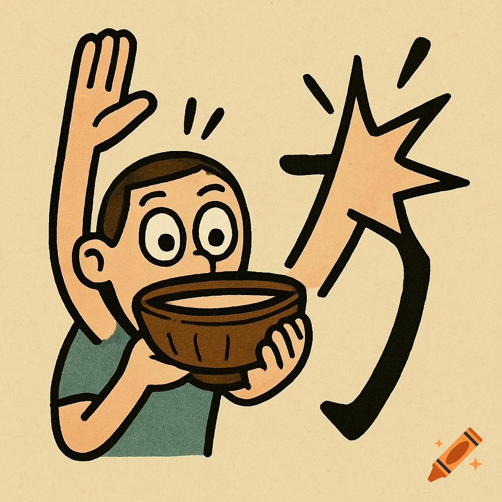 Cartoon mnemonic for Japanese character ka, showing a person drinking kava and a hand forming the shape.