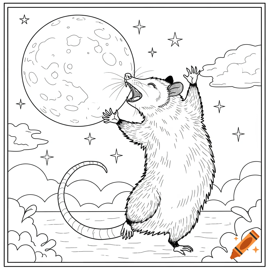 A possum howls at a large moon in a coloring book style line drawing.