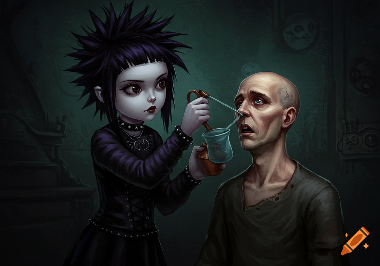 A small goth girl uses a neti pot on a bald man in a dark, stylized fantasy illustration.