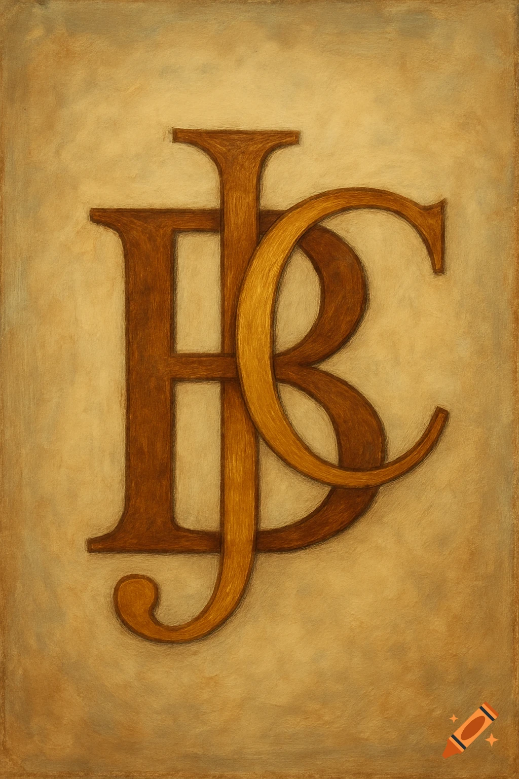 Painted monogram of letters B, J, and C on a textured background.