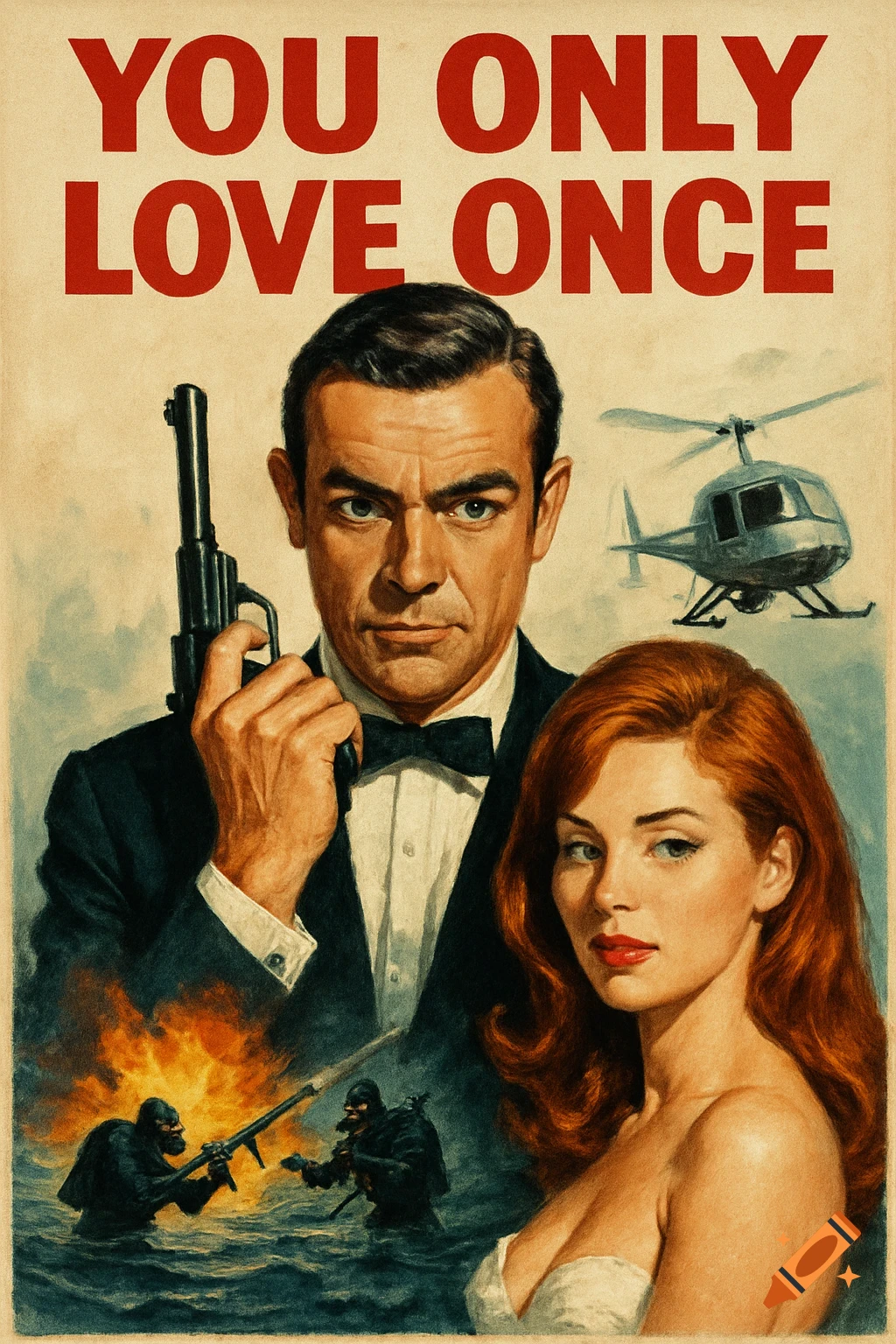 Movie poster style painting of James Bond holding a gun, standing with a woman, text 'YOU ONLY LOVE ONCE'.