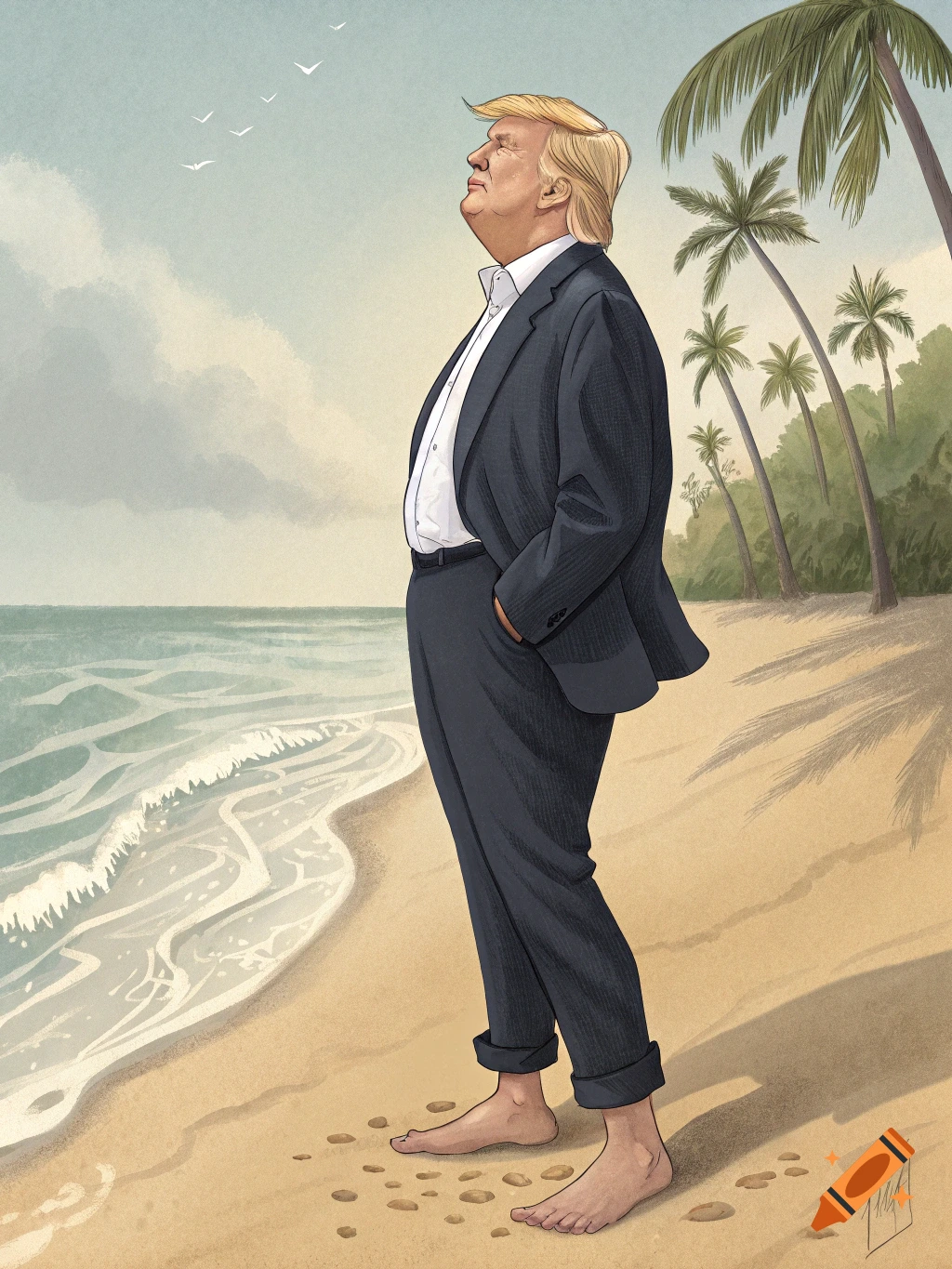 Illustration of Donald Trump standing barefoot on a beach looking up at seagulls.
