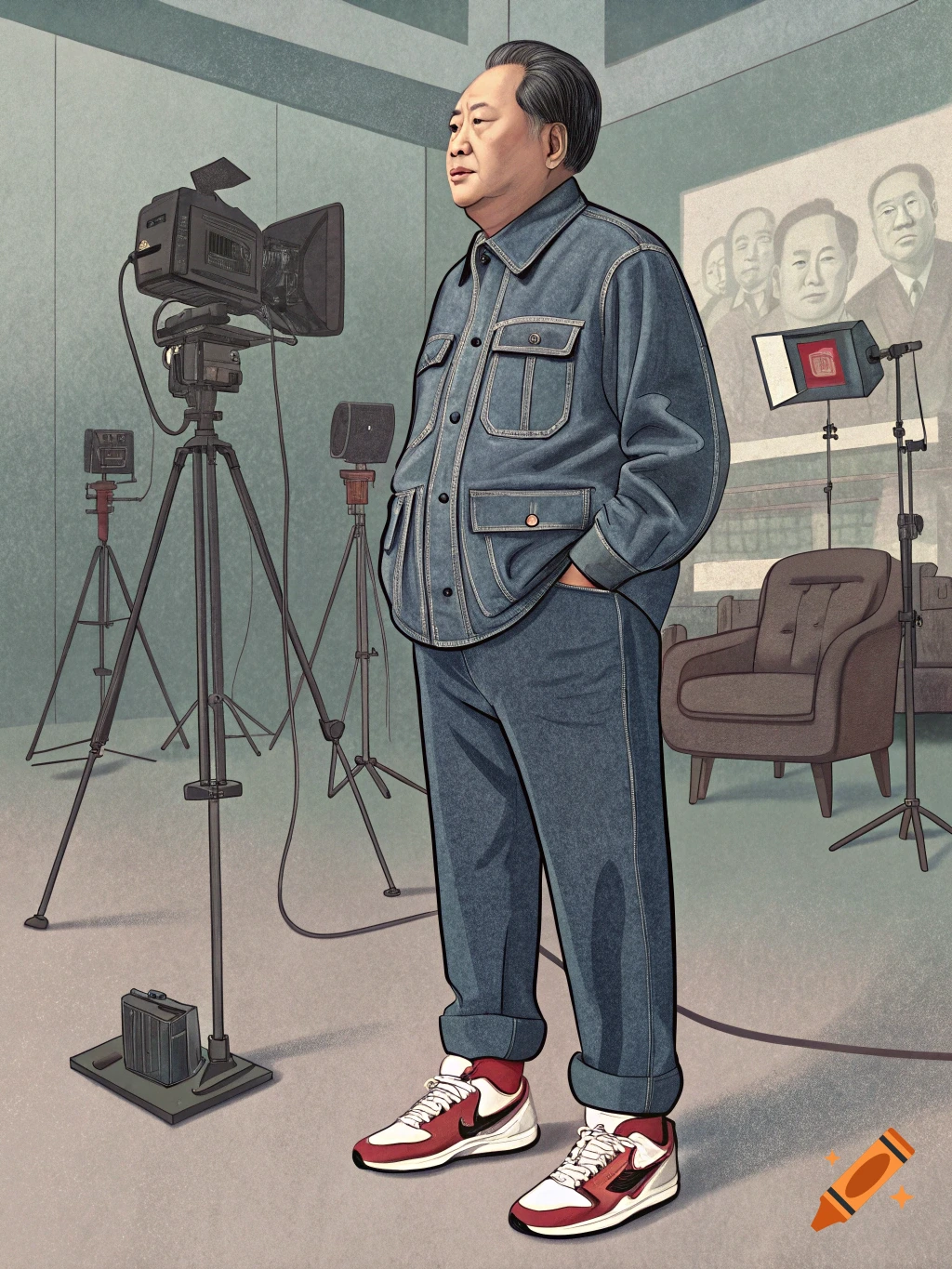 An illustration of Mao Zedong in a denim outfit and sneakers standing in a TV studio.