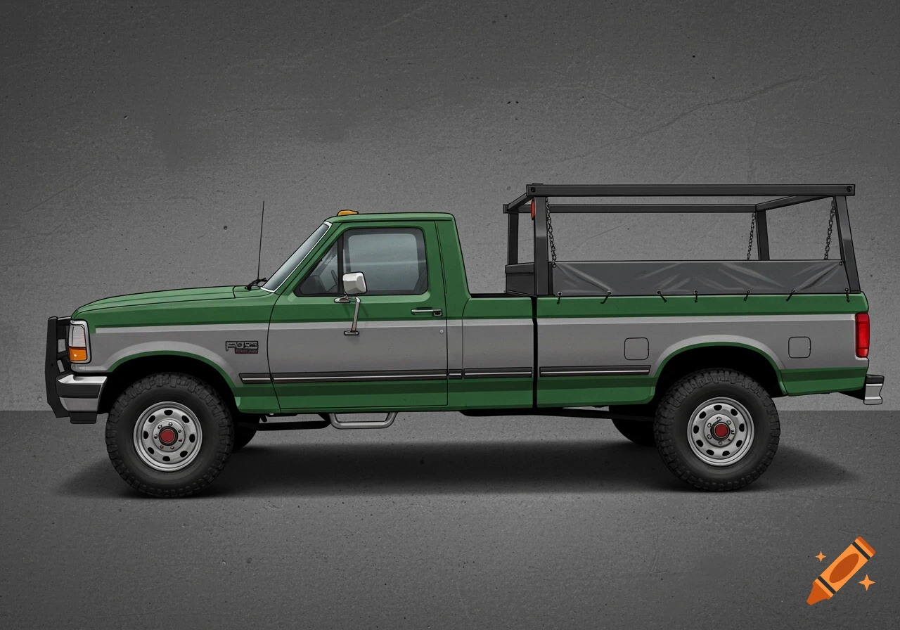 Illustration of a two-tone green and gray Ford F350 truck with a plumber's bed and lumber rack.