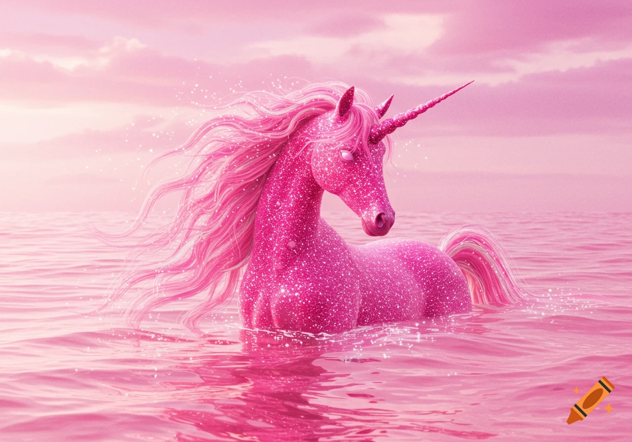 A bright pink glittery unicorn with a metallic horn stands in pink ocean water under a pink sky.