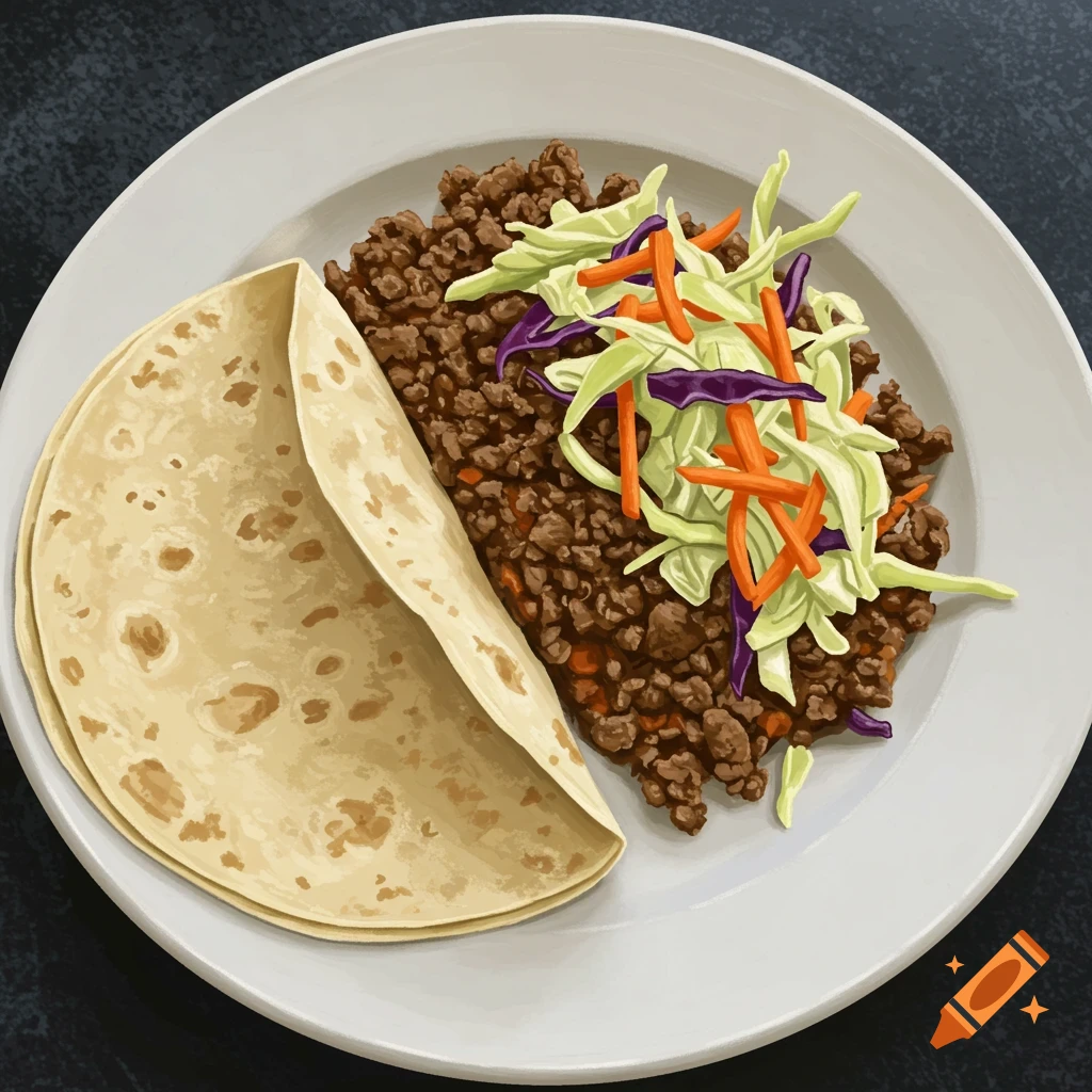 A plate of ground meat filling topped with shredded cabbage and carrots, next to a folded flour tortilla.