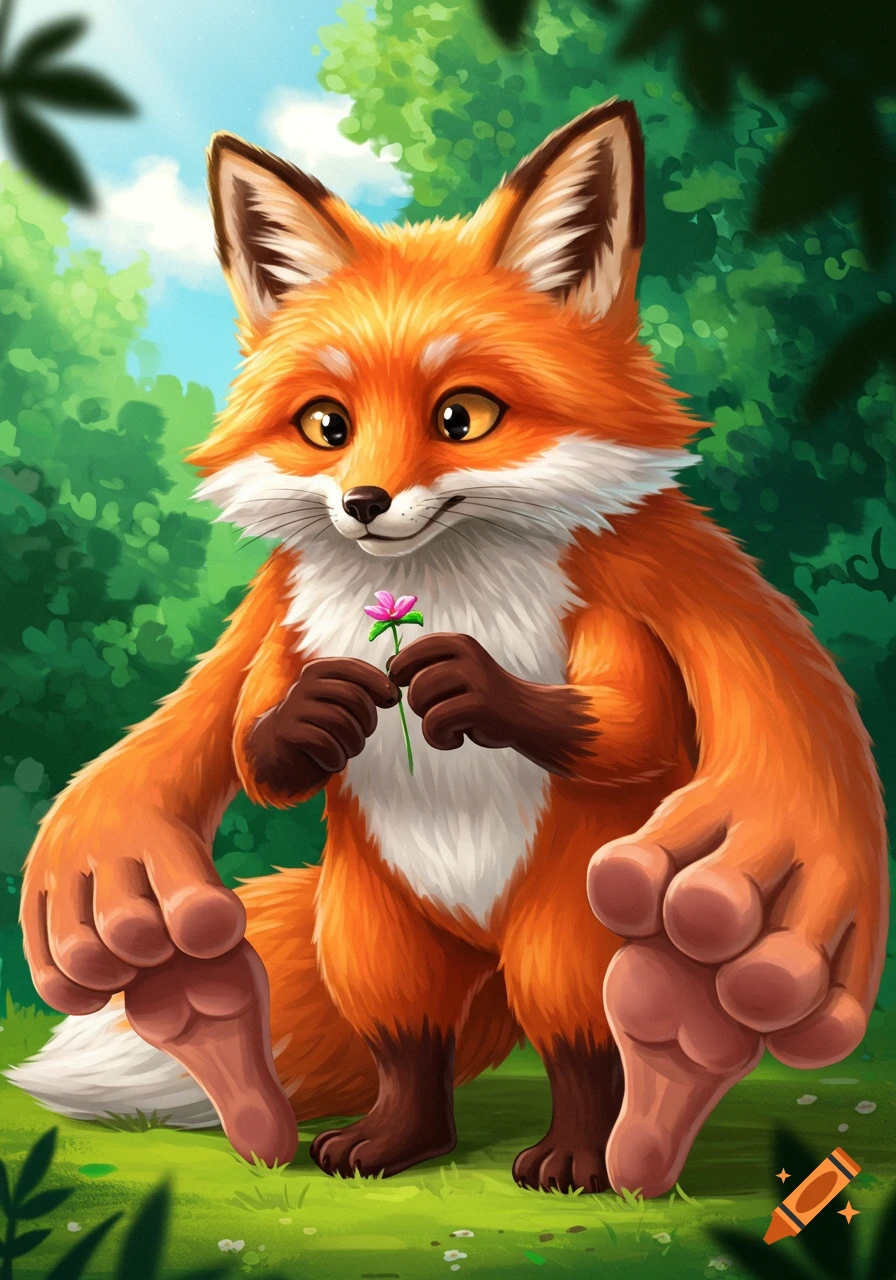 Cartoon fox with large human-like hands and feet holding a pink flower in a forest clearing.
