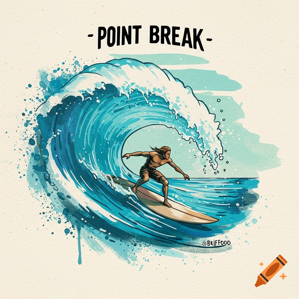 Watercolor illustration of a surfer riding a large blue wave with 'Point Break' text above.