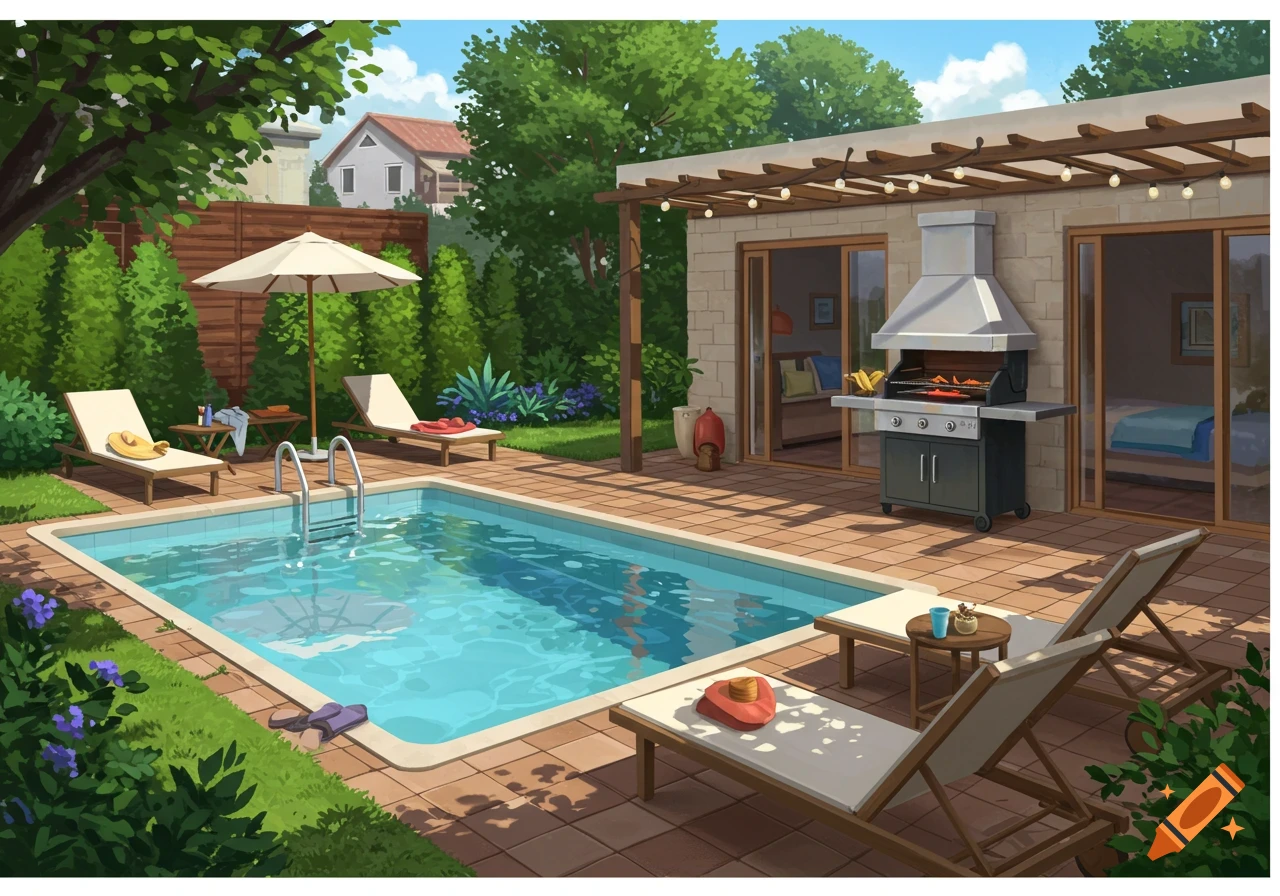 Illustration of a sunny backyard with a swimming pool, patio, lounge chairs, and a grill.