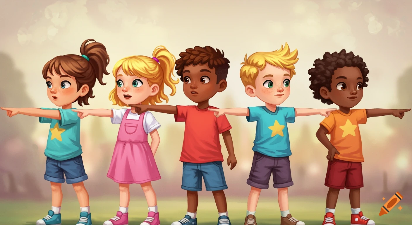 Five diverse cartoon kids stand in a line pointing left, with stars on their shirts.