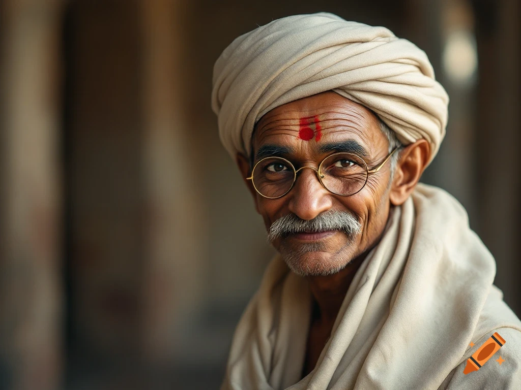 Close-up photorealistic portrait of an older man with a mustache, wearing a cream turban, glasses, and bindi, smiling.