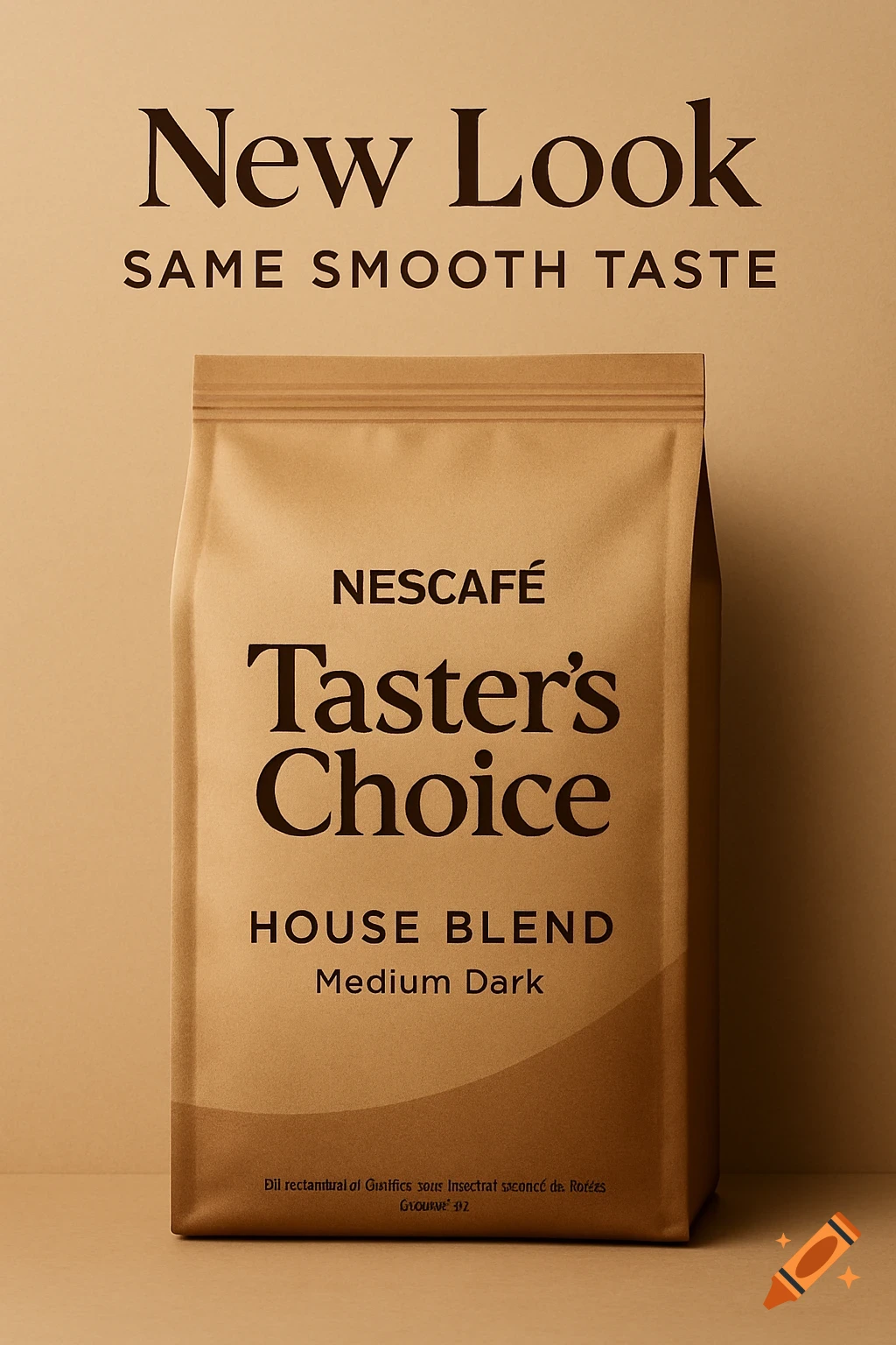 Photorealistic image of a brown coffee bag with text 'New Look' and 'Taster's Choice' on a neutral background.