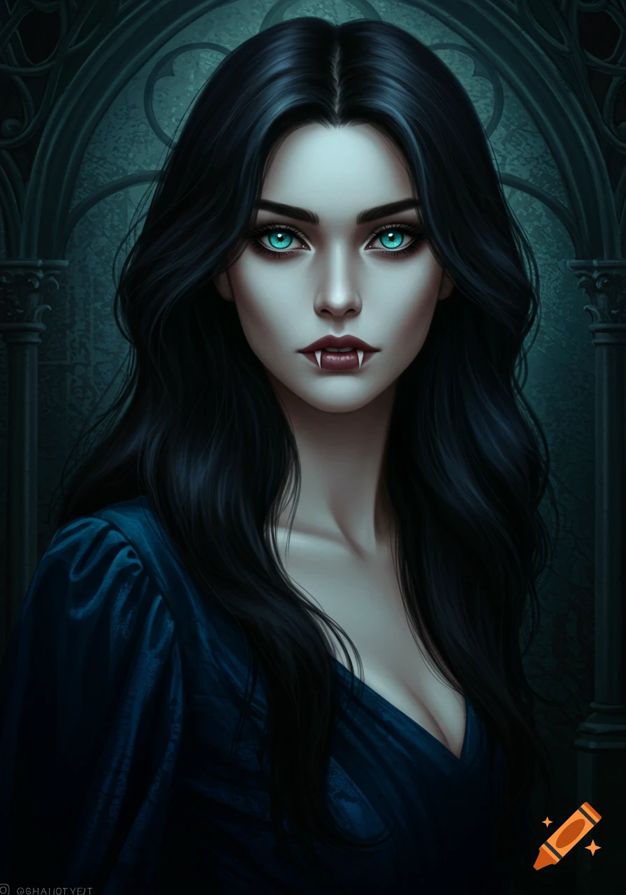 Fantasy portrait of a dark-haired woman with bright blue eyes and fangs, wearing a blue dress.