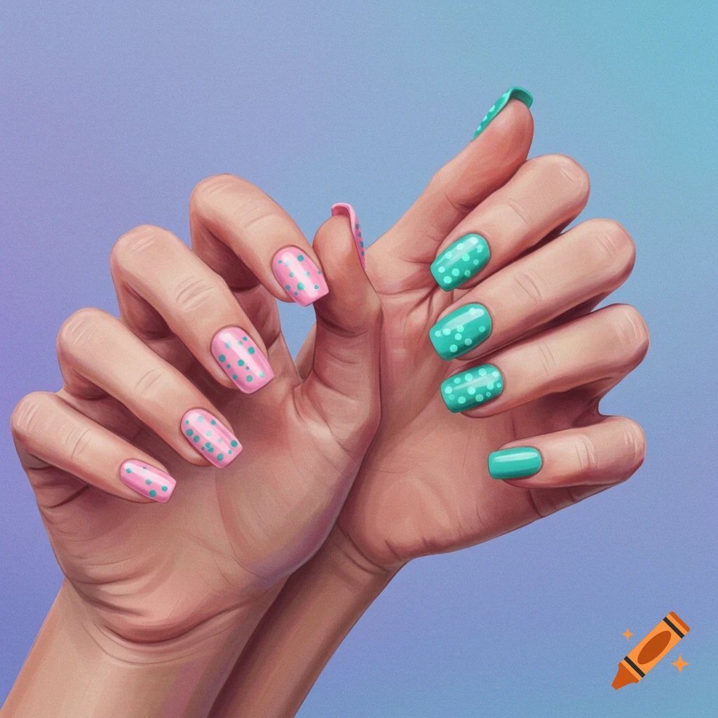 Two hands with pink and teal polka dot nail polish