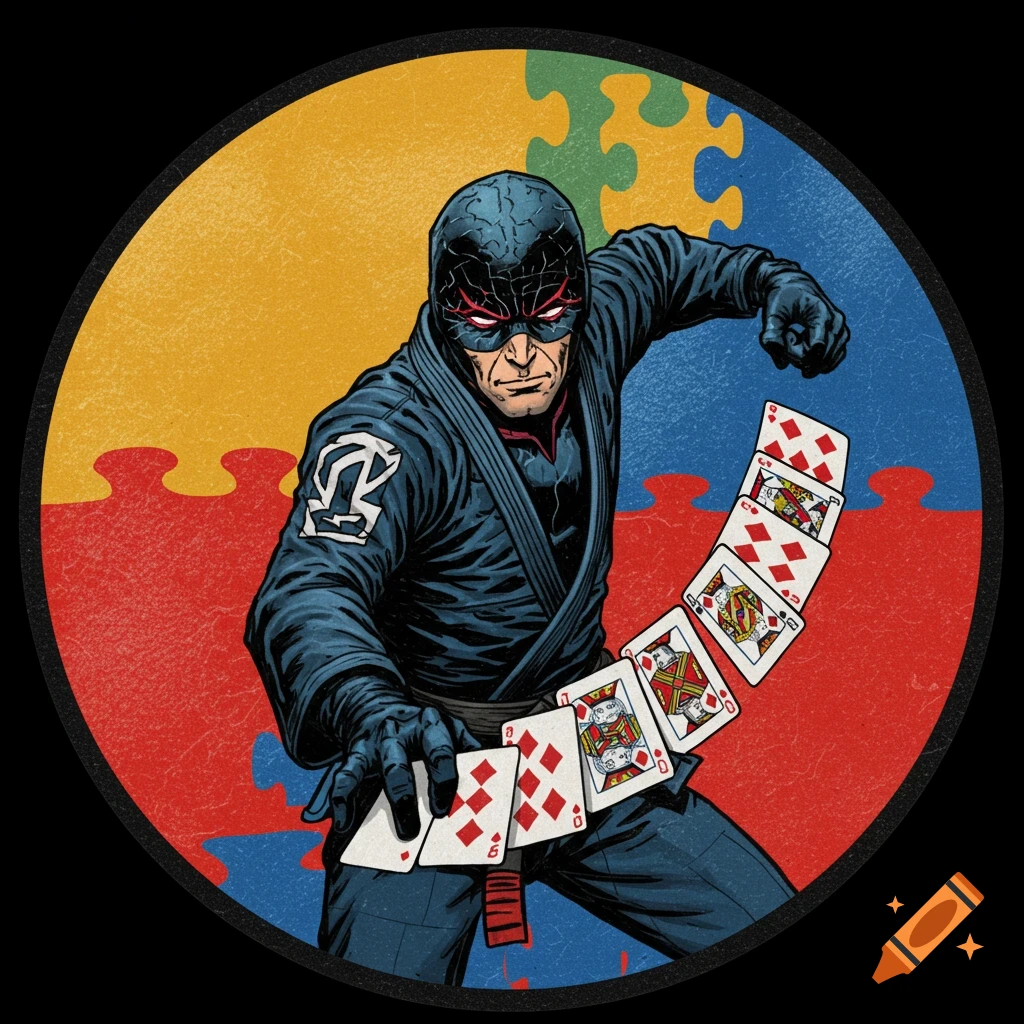 Comic book character in BJJ gi throwing playing cards, against colorful puzzle pieces, comic book art