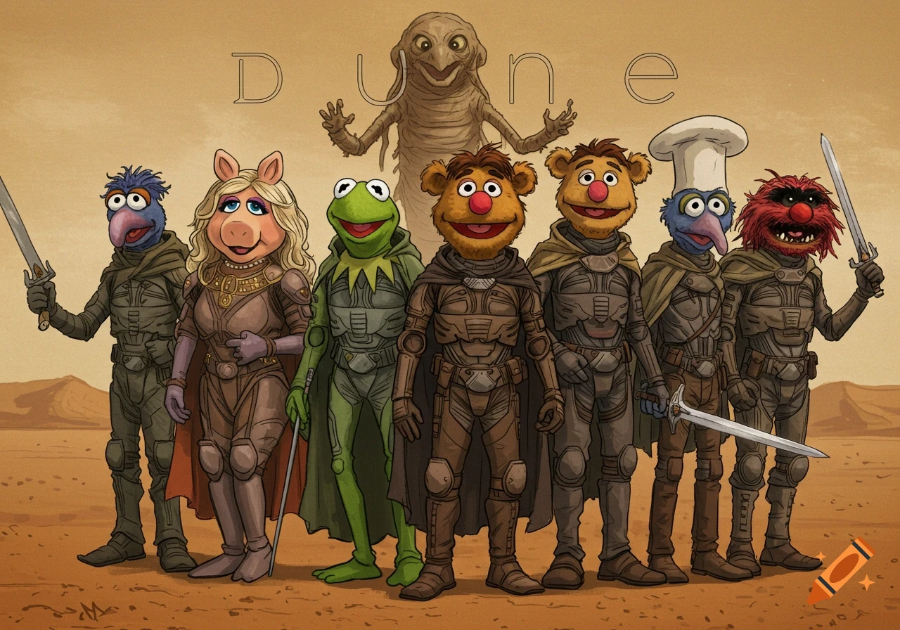 A group of Muppets, including Kermit, Miss Piggy, Fozzie Bear, and Gonzo, are dressed as characters from Dune, standing in a desert landscape with the word DUNE above them.
