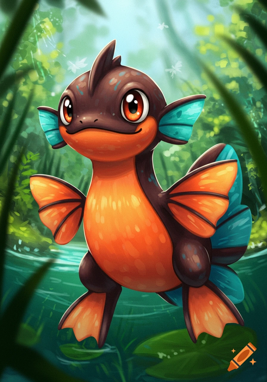 Cute cartoon creature in water with jungle background, pokemon style.
