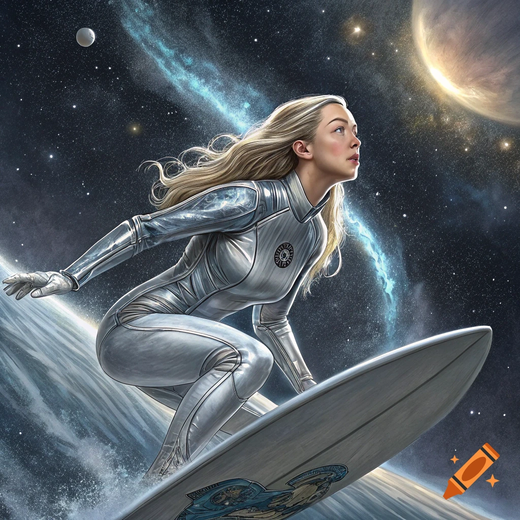 Woman in silver suit surfing on a board in space with planets and stars.
