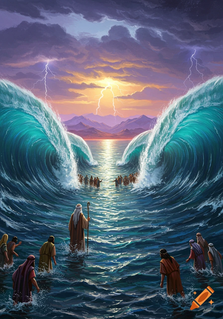 Moses stands with a staff as the Red Sea parts, creating a path through towering waves for a group of people under a sky with lightning.