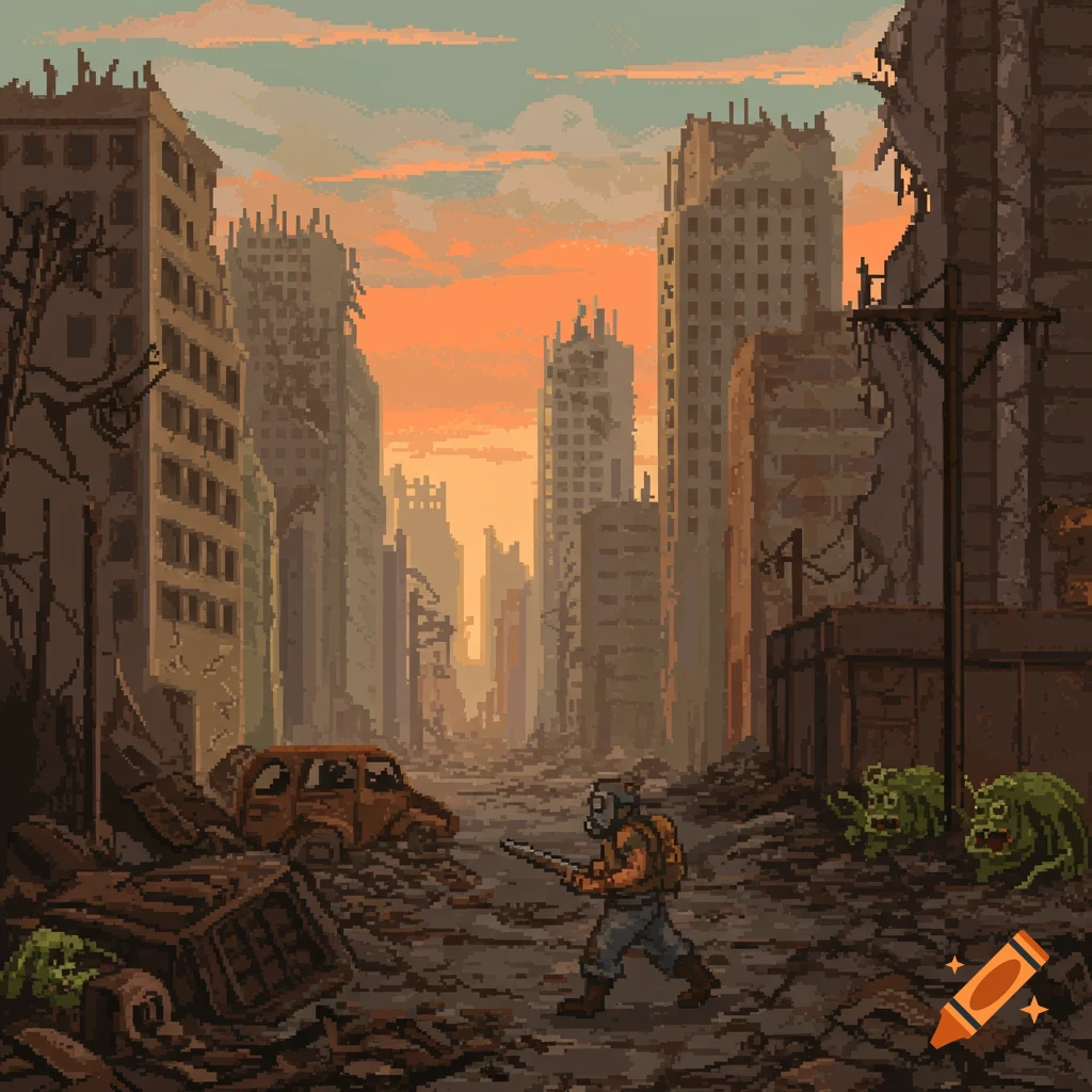 Pixel art scene of a lone figure in a gas mask with a weapon, standing amidst the ruins of a post-apocalyptic city.