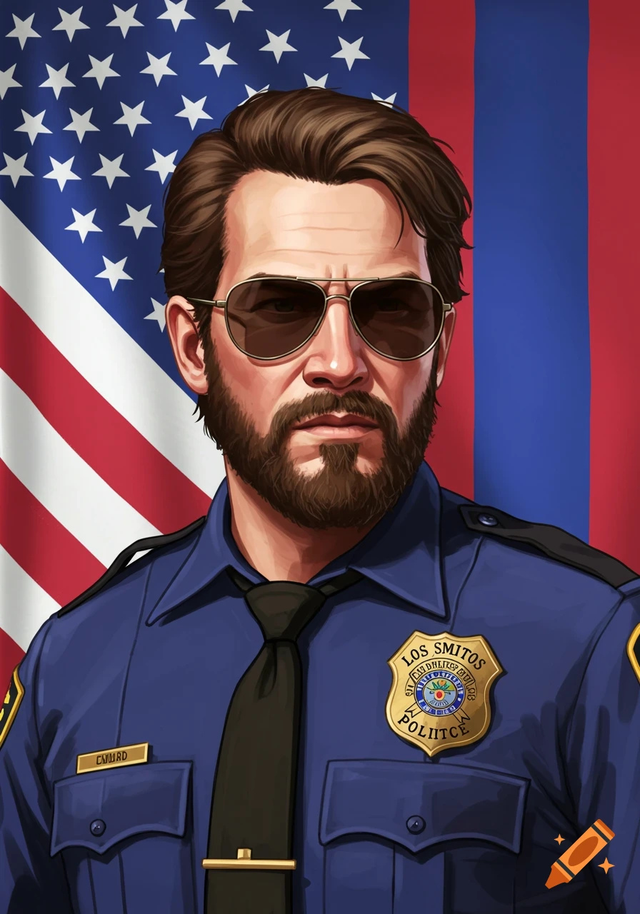Stylized portrait of a man in a police uniform and sunglasses standing in front of an American flag.