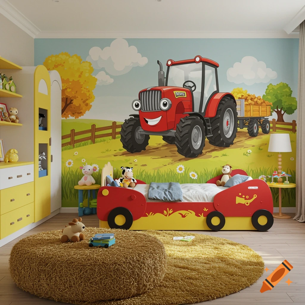 A child's bedroom with a large cartoon tractor mural on the wall, a red and yellow tractor bed, and toys.