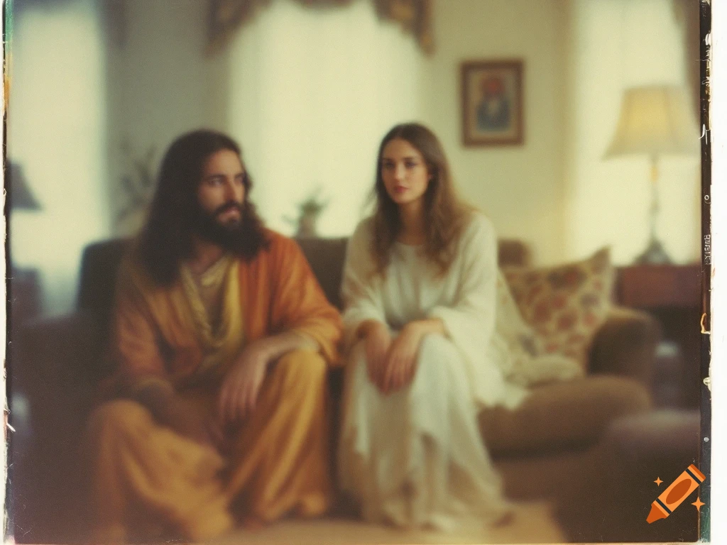 Blurry polaroid photo of two figures resembling Jesus and Mary Magdalene sitting on a couch in a 1970s living room.