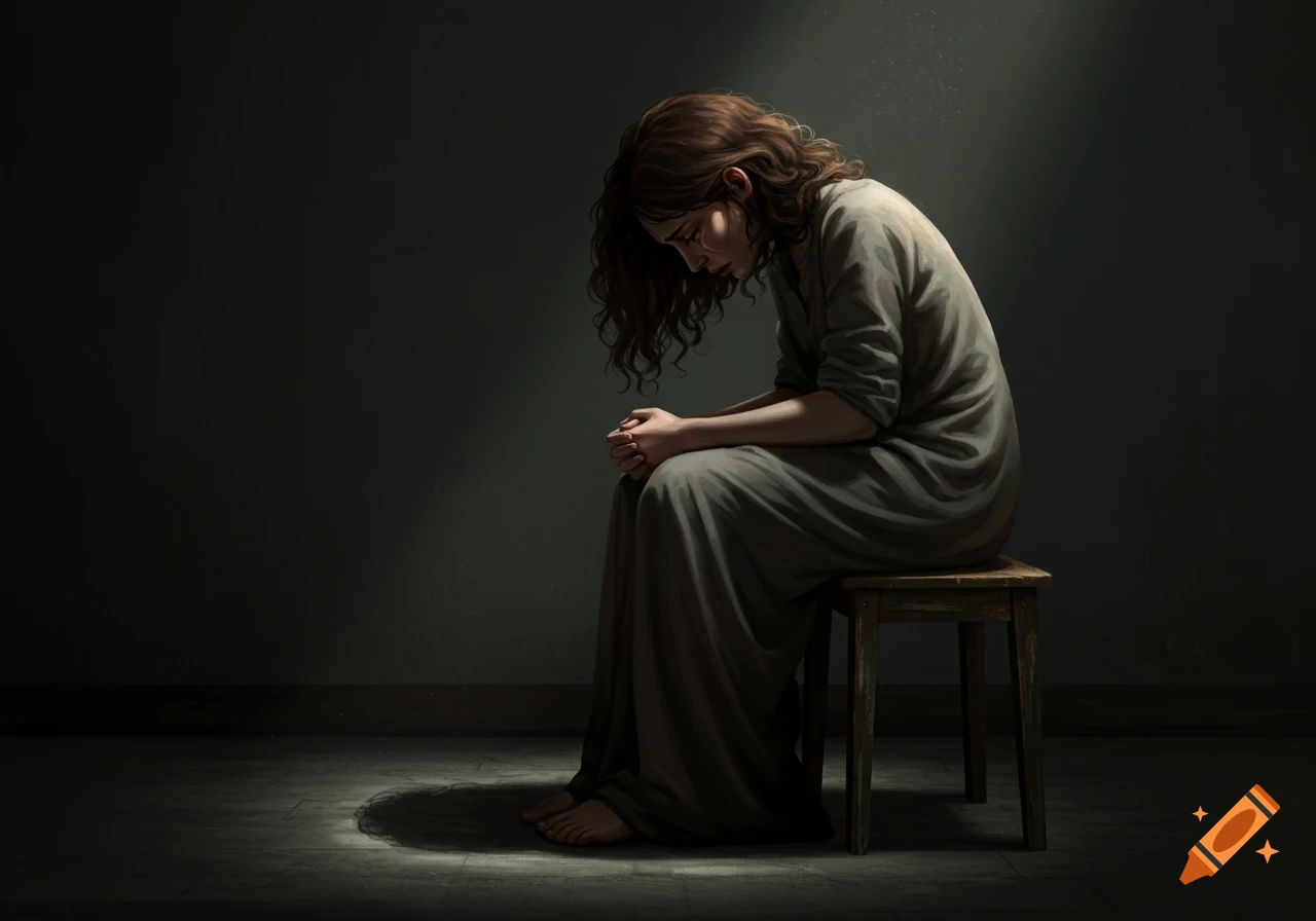 A person sits on a stool in a dark room, head bowed and hands clasped, bathed in a shaft of light.
