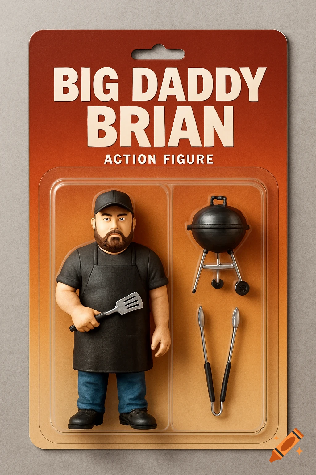 Action figure of a BBQ pitmaster in blister packaging with grill, spatula, and tongs, labeled 'Big Daddy Brian'.