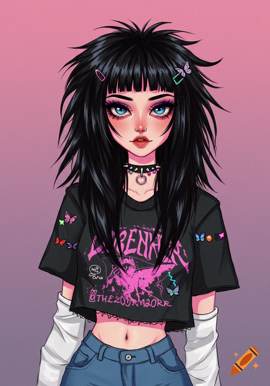 Anime style portrait of an emo Y2K girl with black hair wearing a crop top.