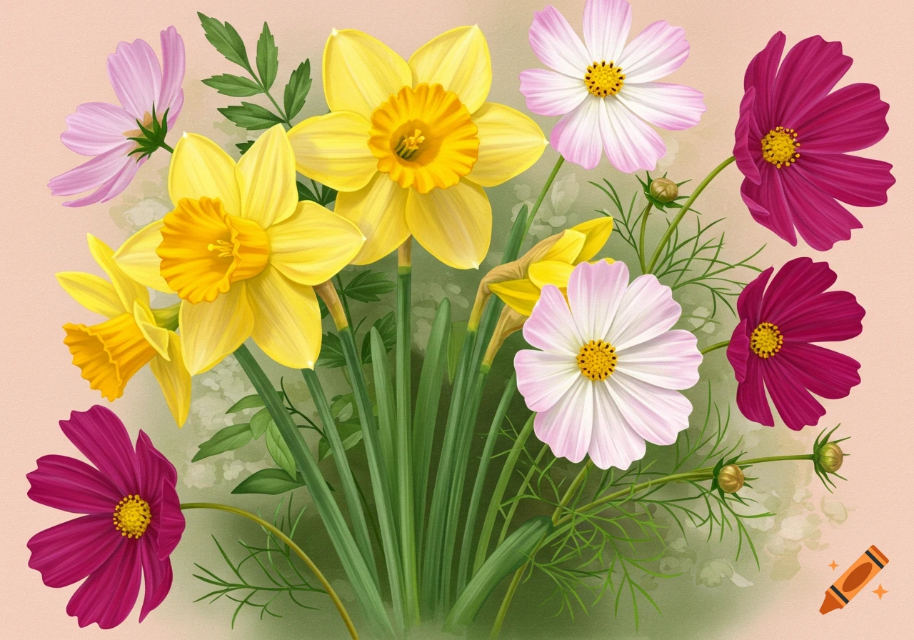 A bouquet of yellow daffodils and pink and magenta cosmos flowers.