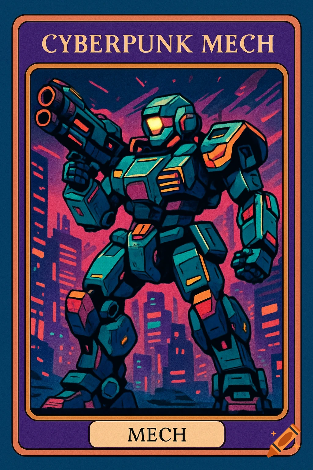 A cell-shaded cyberpunk mech standing in a city on a trading card