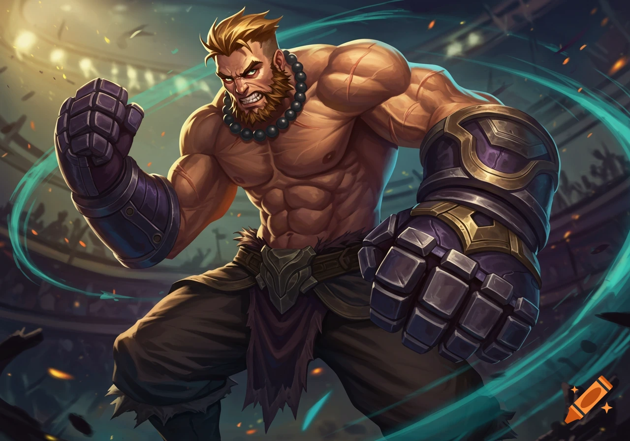 Digital painting of a muscular man with large gauntlets in a fighting pose in an arena.