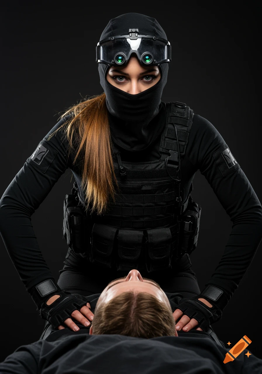 A tactical woman in black gear and night vision goggles leans over a man.