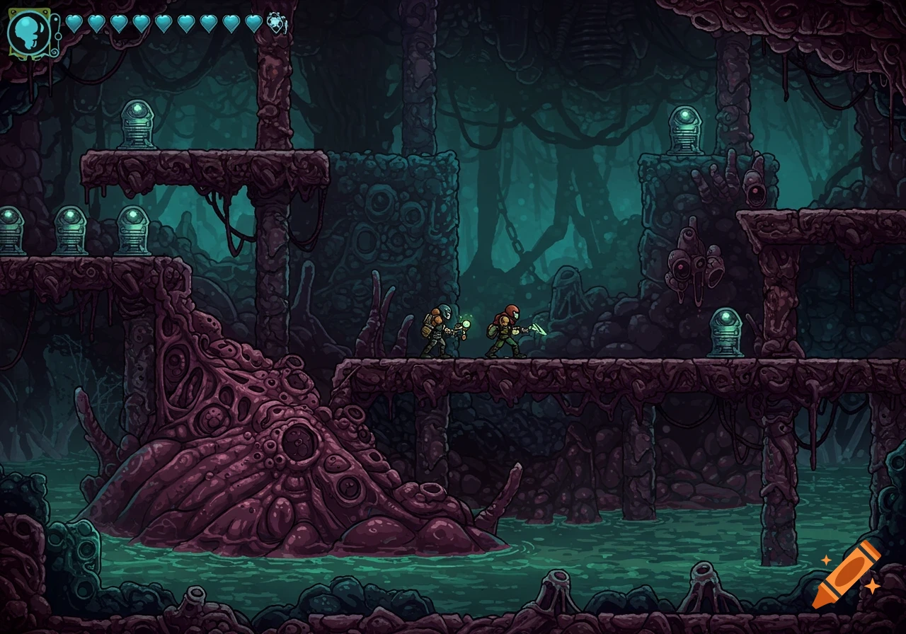 Two pixelated characters in a dark, fleshy, alien landscape with platforms over green liquid, like a 2d sci-fi video game.
