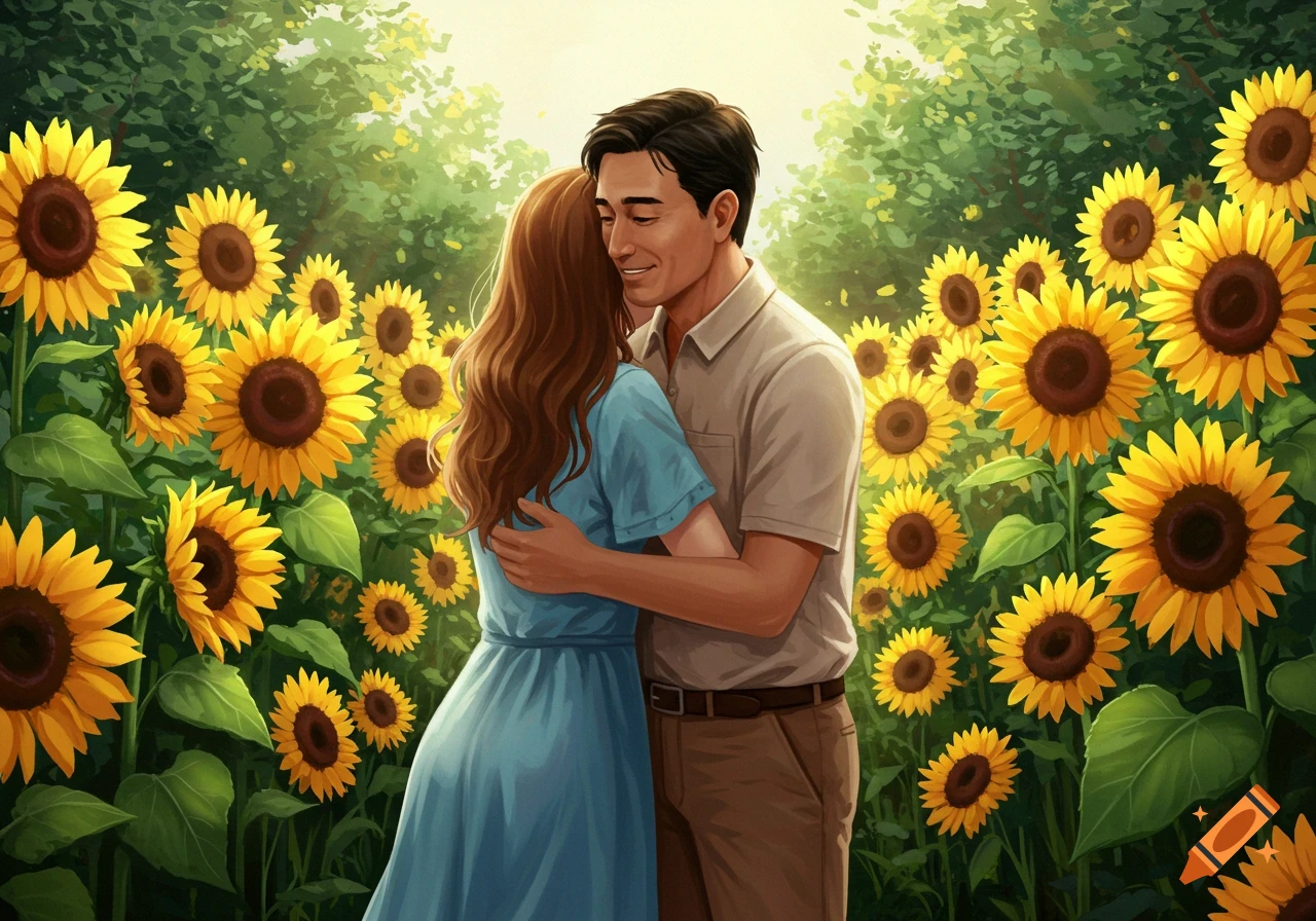 A man and woman embrace in a sunlit field of tall yellow sunflowers.