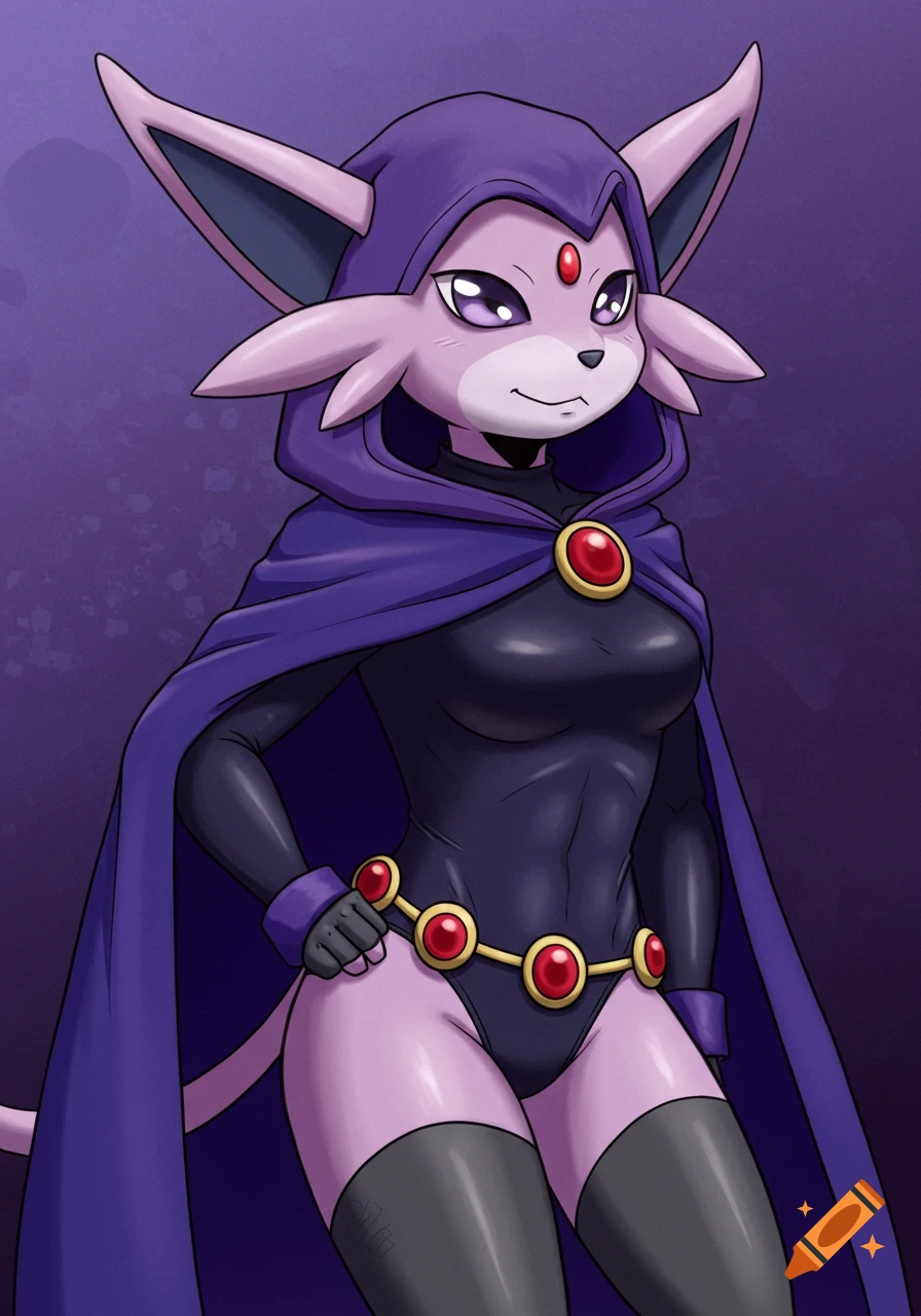 Anthro Espeon from Pokemon cosplaying as Raven from DC Comics in anime style.